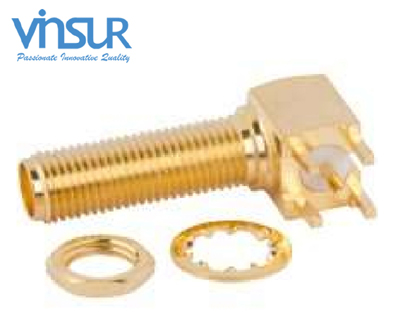 11522540 -- RF CONNECTOR - 50OHMS, SMA FEMALE, RIGHT ANGLE, BULKHEAD LONG LENGTH, PCB-THROUGH HOLE,ROUND POST